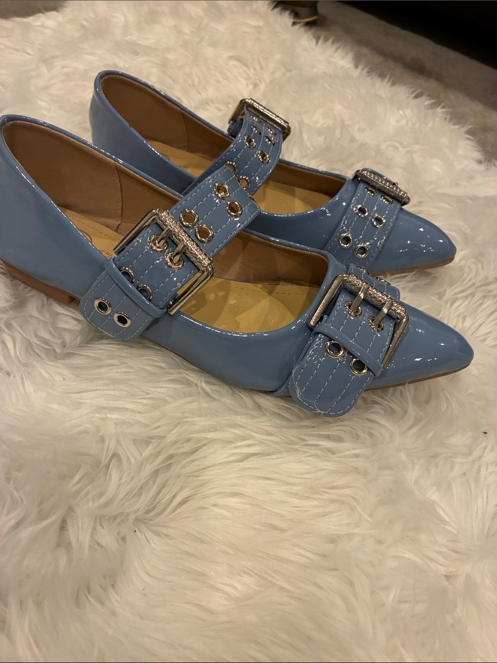 Light Blue Patent Mary Jane Flats with Double Buckles from Italy